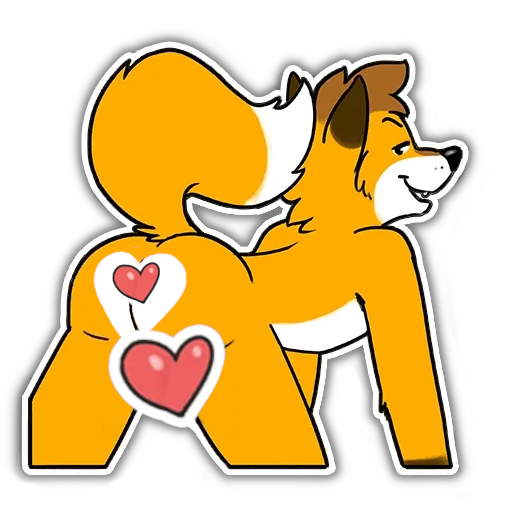 An antropomorphic (cartoon) fox on all fours, hearts covering sensitive parts
