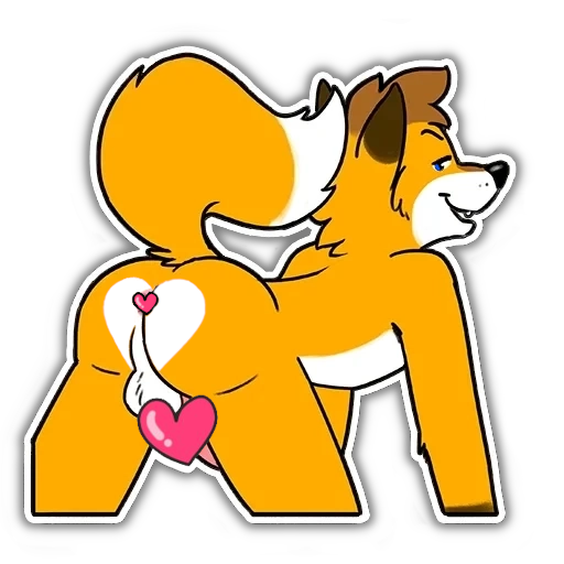 An antropomorphic (cartoon) fox on all fours, hearts barely covering sensitive parts, some pink visible