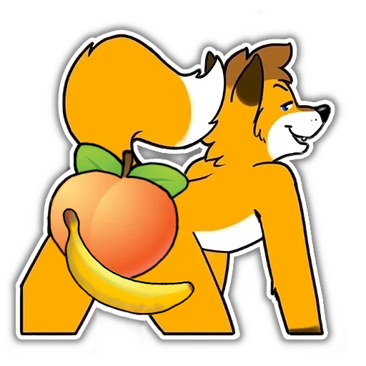 An antropomorphic (cartoon) fox on all fours, a peach fruit covering sensitive parts