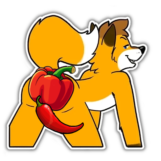 An antropomorphic (cartoon) fox on all fours, a bellpepper and chilli covering sensitive parts