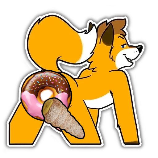 An antropomorphic (cartoon) fox on all fours, a doughnut and a vanilla cornet covering sensitive parts